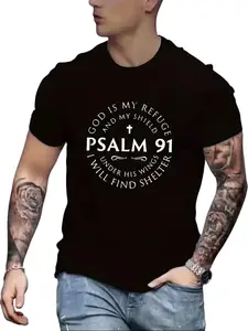 Psalm 91 God Is My Refuge Cross Faith Letter Graphic 100% Cotton Black Tee | Vintage Style for All Seasons, Casual Wear & Outdoor Activities, Inspirational Religious Holiday Gift for Men
