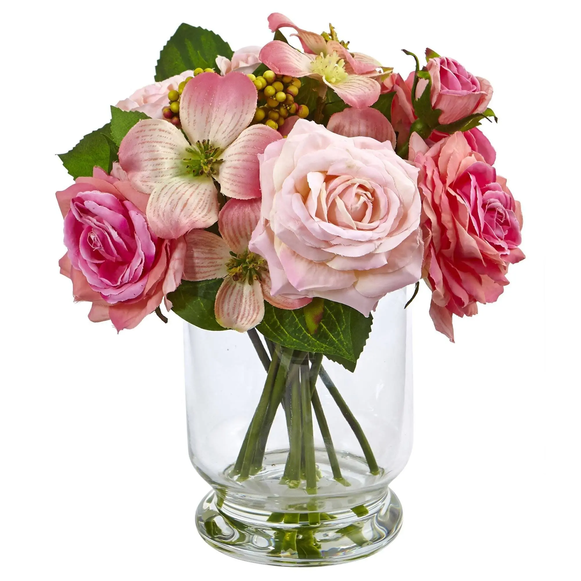 10-in Decorative Artificial Pink Flower Arrangement with Berries - Glass Vase Included, Small Artificial Plant with Fruit for Home Decor, Office Desk Accent