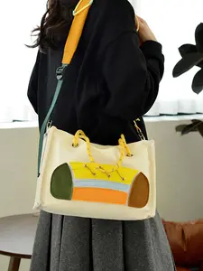 Cream White Color Block Drawstring Tote Bag Large Capacity Crossbody Shoulder Bag Casual Commute Student Versatile Canvas Bag