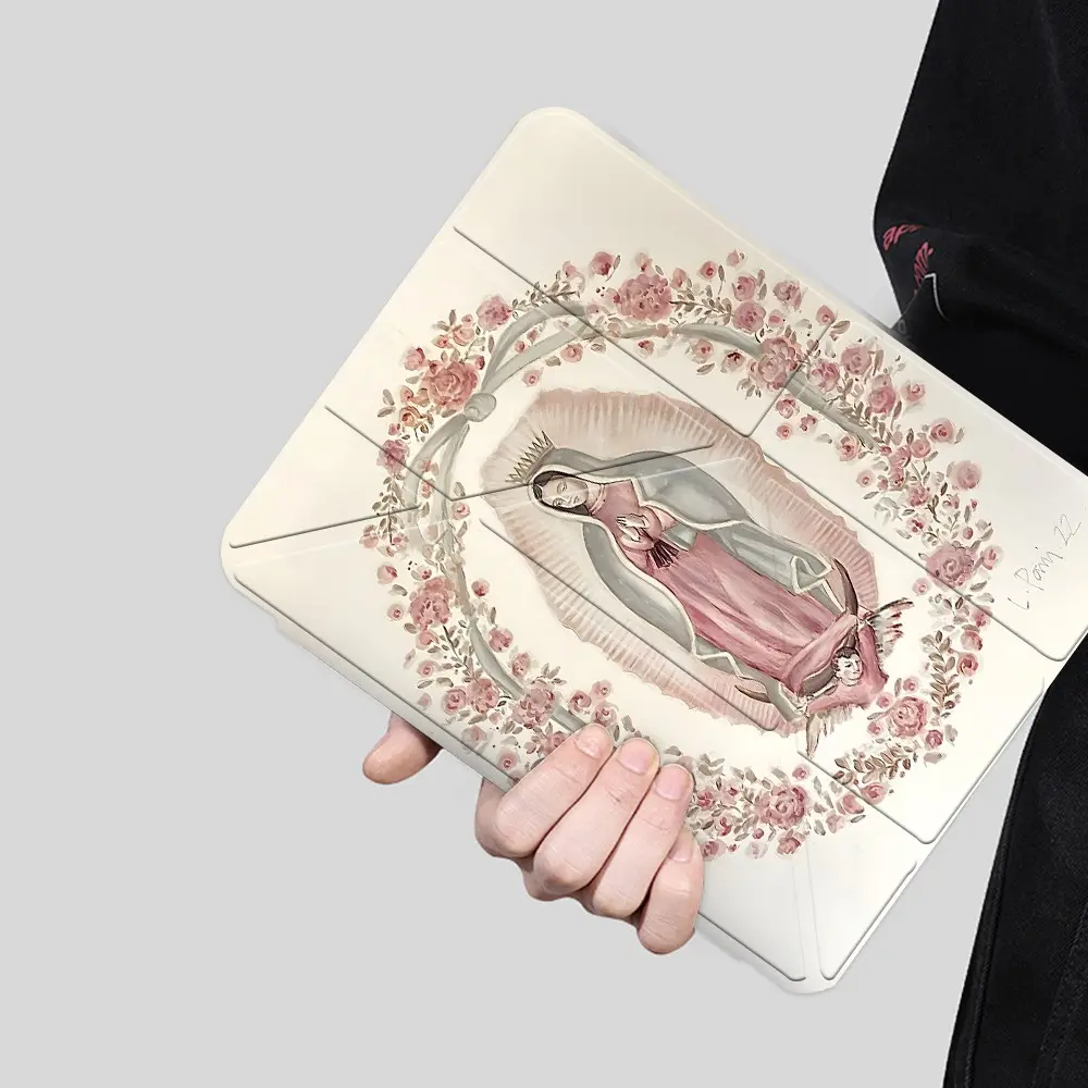 Our Lady of Guadalupe Floral iPad protective cover, Tablet casing, transparent acrylic Y folding stand suitable for all models of iPad including 7.9/10.2/10.5/10.9/11/12.9 inch, featuring all-round protection against scratches and impacts
