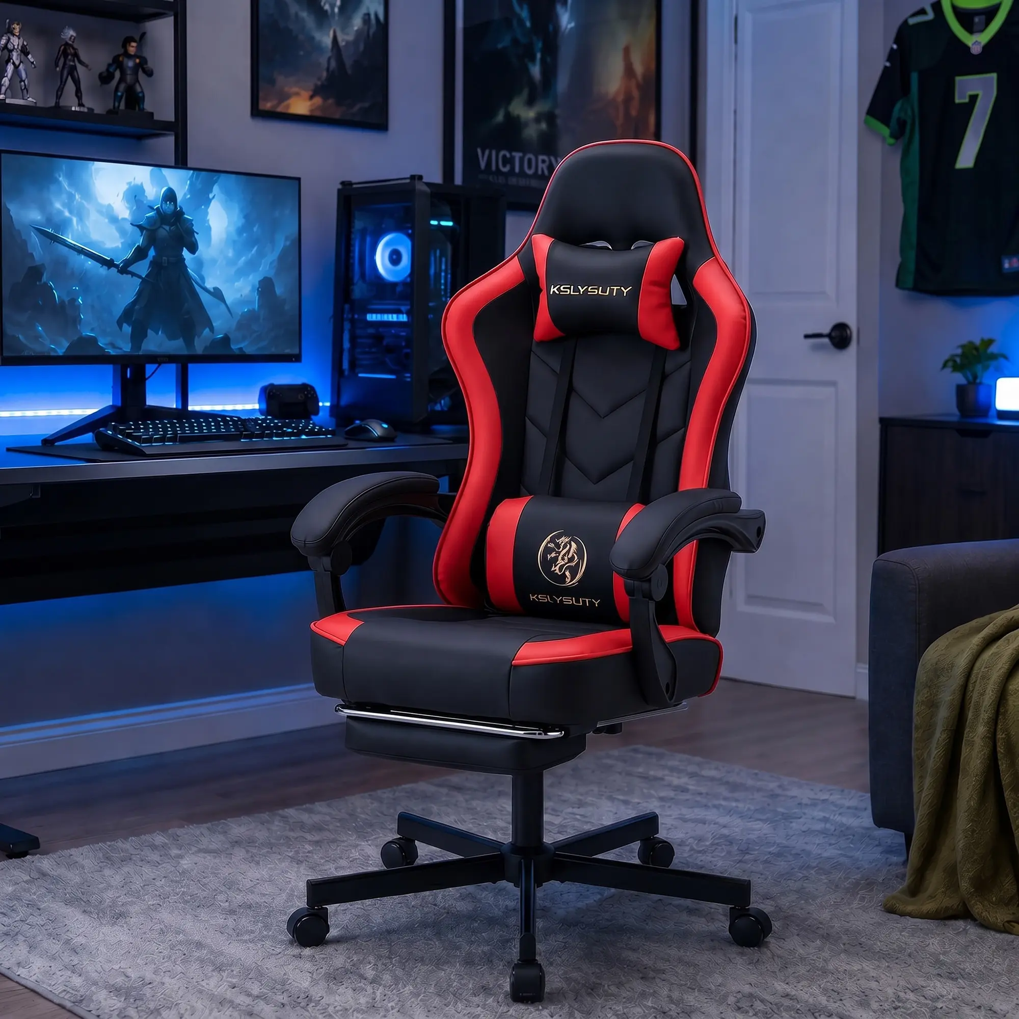 Ergonomic Gaming Chair with Footrest and Lumbar Support, High-Back Reclining Computer Chair, 360° Swivel PU Leather Gamer Chair