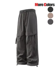 Men's Solid Color Zipper Muti-Pocket Pants, Casual Minimalist Trousers, Loose Casual Comfy Windproof Waterproof Breathable Drawstring Waist Trousers for Outdoor Activities, Woven Bottoms for All Seasons, Menswear