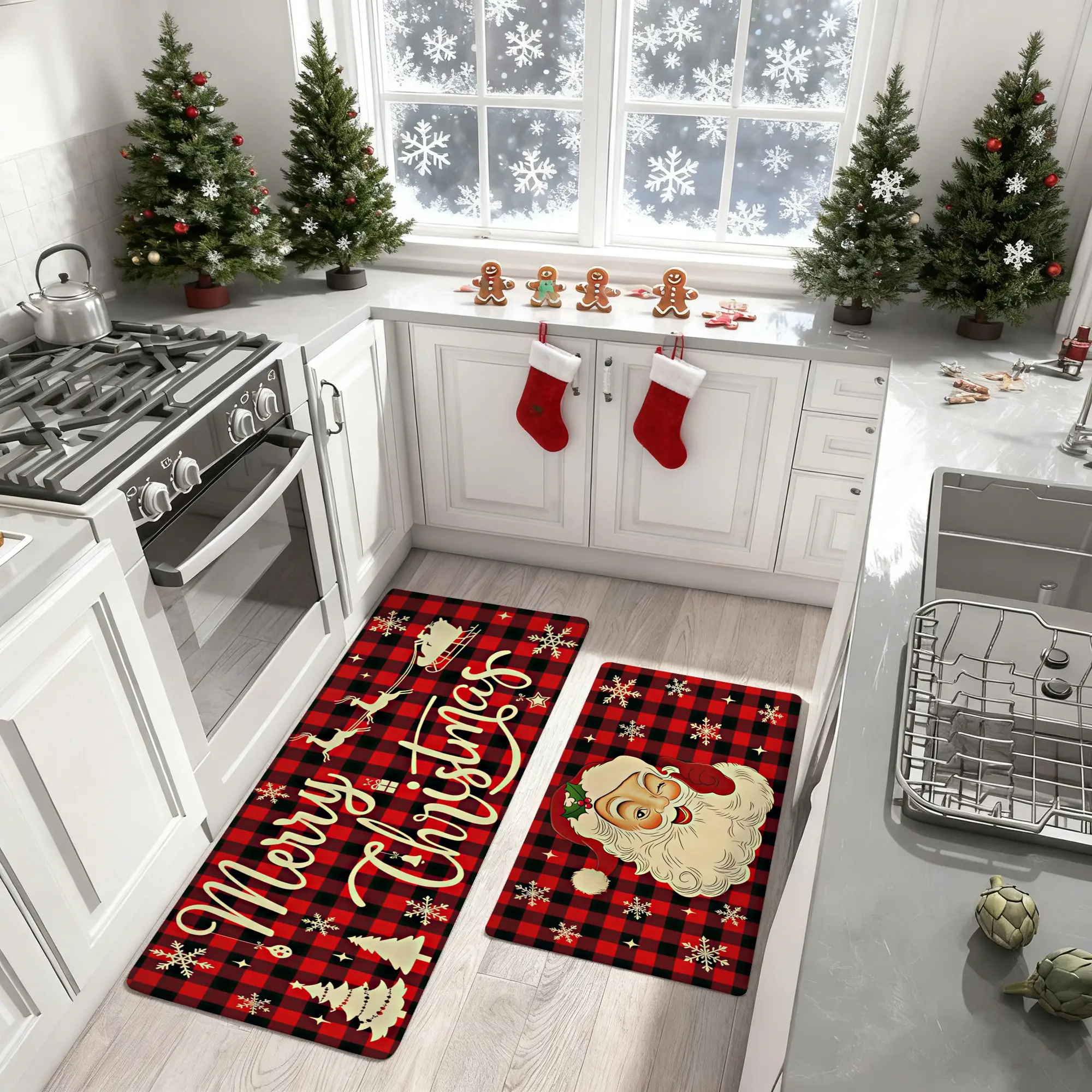 Non-Slip Christmas Farmhouse Kitchen Floor Mats Set of 2 - Buffalo Plaid, Snowflakes, Santa Claus Designs, Decorative Rug for Holiday Parties, Fall Kitchen Home Decor, Farmhouse Kitchen Rug