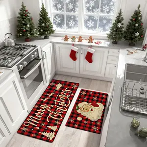 FallFreshness Christmas Kitchen Floor Mats Set of 2 - Buffalo Plaid Snowflakes and Santa Claus, Non-Slip Kitchen Rugs for Holiday Parties and Home Kitchen Christmas Decorations