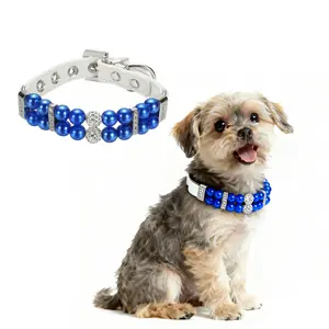 PETAXCELL Pearl Dog Collar, Bling Pearl Cat Collar Fancy Crystal Rhinestone Luxury Beaded Pet Cute Wedding Necklace Gift Diamond, (Blue, S), Intended for Teacup /Puppies/Kitten/Small Pet
