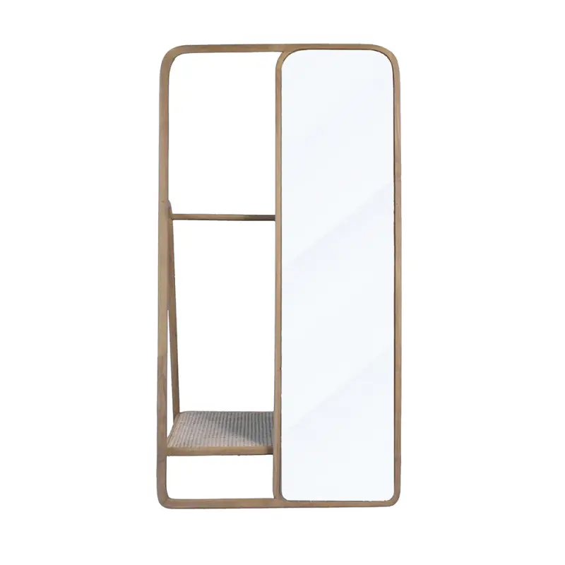 38 x23 x71.5" Clothes Hanger With Mirror,Large Modern Wood Design with Woven Rattan Detail, Brown Stylish Organizer and Reflection for Bedroom or Dressing Area, Brown