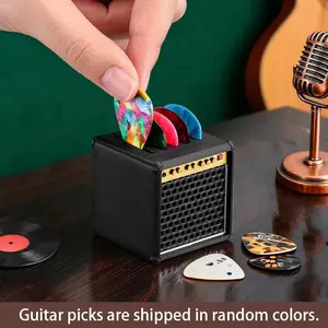 Guitar Pick Storage Box + 5 Guitar Picks (mixed Colors), Speaker Shape Pick Holder, Suitable for Bass & Ukulele Pickup Display