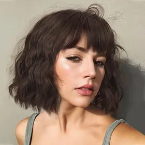 CHAOEE Wigs for Women 12 Inch Short Wavy Bob Wig with Bangs for Women Synthetic Short Curly Wave Wigs Heat Resistant Fiber Hair Wigs for Daily