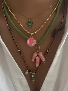 Bohemian Ceramic Fish Round Pendant Necklace Set, Handmade Knitted Multi-Piece Jewelry, Floral Design, 4 Piece Set, Boho Style Necklace