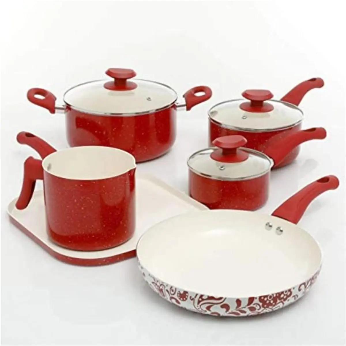212 MAIN Oster Cocina San Jacinto 9-Piece Non Stick Aluminum Alloy Cookware Set - Red Speckled, Glass Lids, Stovetop Safe, Ergonomic Handles for Cooking