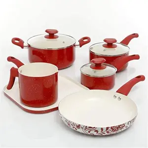 212 MAIN Oster Cocina San Jacinto Aluminum Cookware Set - 9-Piece, Red Speckled, Glass Lids, Stove-Safe, Ergonomic Handles