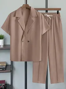 Men's 2 Piece Casual Suit Set Short Sleeve Double Breasted Plaid Blazer & Elastic Waist Pants Summer Business Casual Outfits