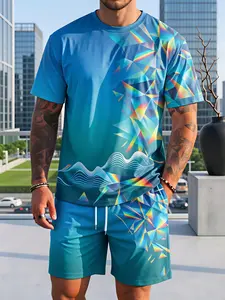 High-street tech-inspired men's set with a slight stretch: a two-piece set featuring a summery short-sleeve T-shirt with vibrant geometric prints and shorts—a must-have for casual, comfortable outdoor and vacation wear