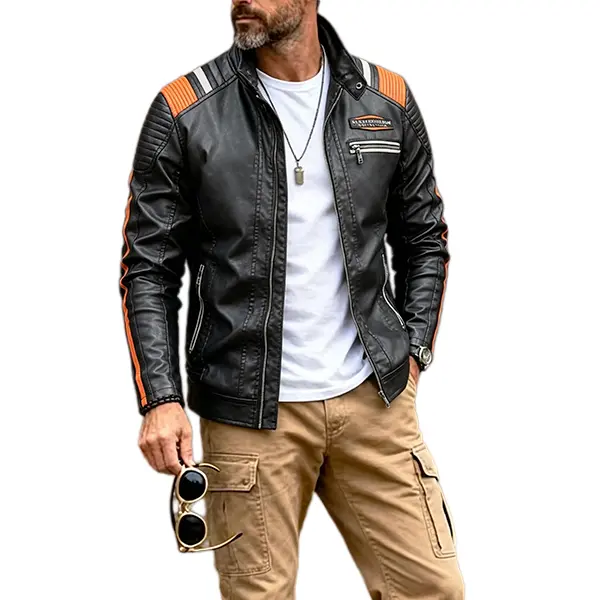 Men's Racing Faux Leather Jacket, Vintage Biker Bomber Coat, Streetwear Loose-Fit Motorcycle Outerwear, Casual Autumn and Winter Long-Sleeve Leather Zip-Up Jacket with Contrast Stripe