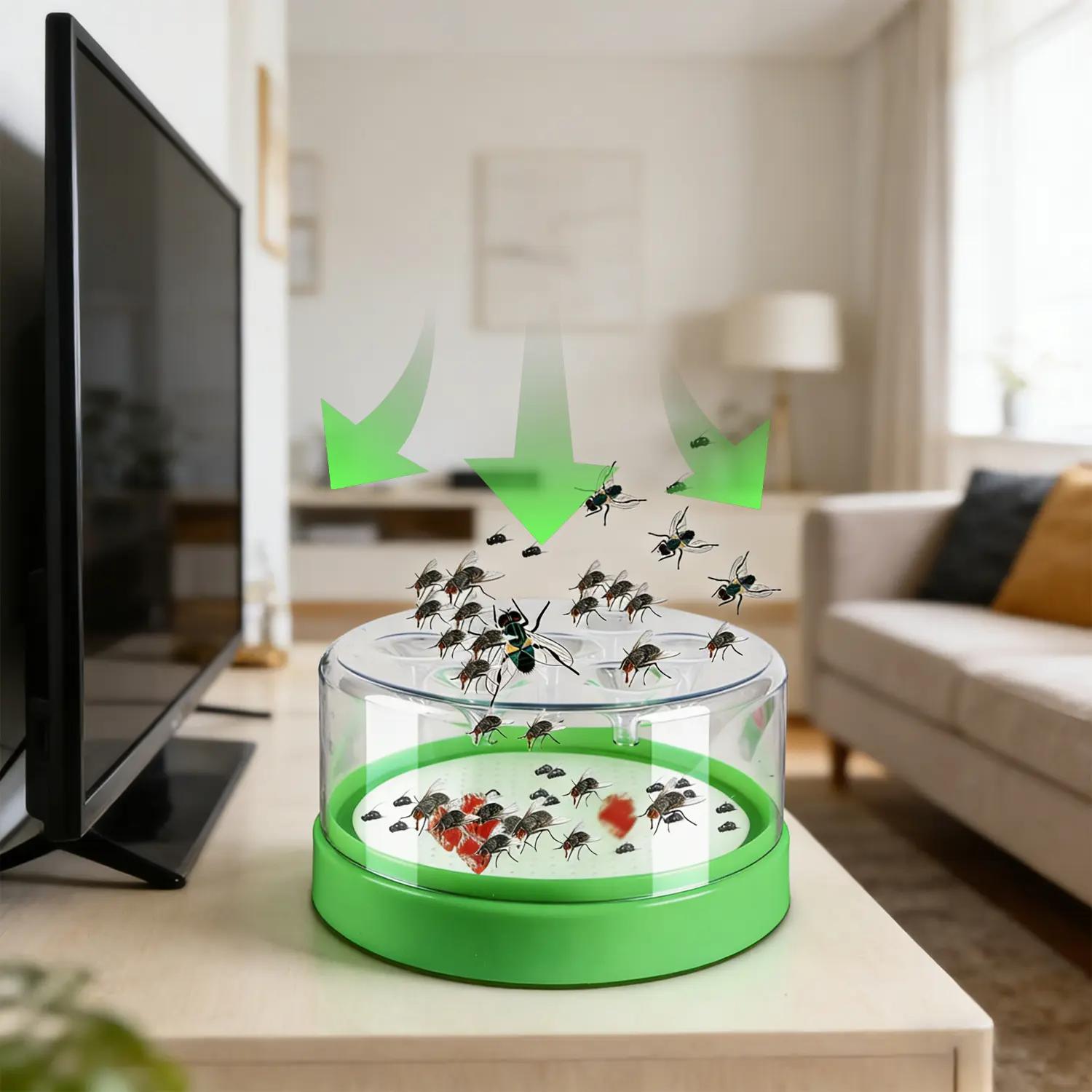 Reusable Outdoor Fly Trap for Patio Garden Home—Non Toxic Pest Control Cage with 7 Holes. Catches Wasps Flies Gnats Insects. Transparent Top Green Base. No Electricity Battery. Safe Effective Durable Plastic without Bait