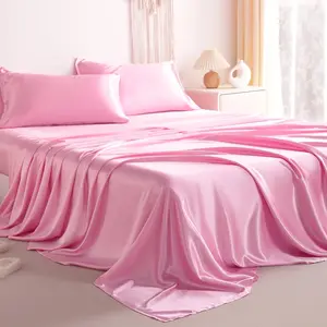 Silk Queen Sheet Set, 4-Piece Luxury and Soft Bedding Set Cooling Sheets for Hair and Skin, Includes 2 Pillowcases, 1 Flat Sheet, 1 Fitted Sheet with Deep, Pink