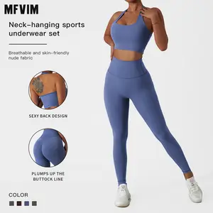 Women's Fitness Set 2 Pieces High Waisted Seamless Bottom Pants With Padded Elastic Sports Bra Set Fitness Clothing Spandex For Gym Active Wear Active Yoga Underwear Sportswear