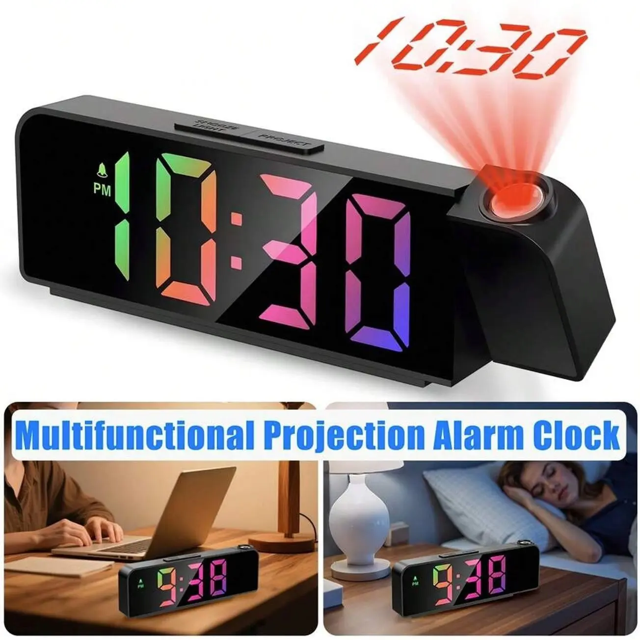 7.7 Inch LED Projection Digital Alarm Clock with Large Display, Snooze, Night Mode and USB Charging for Bedroom, Office and Travel