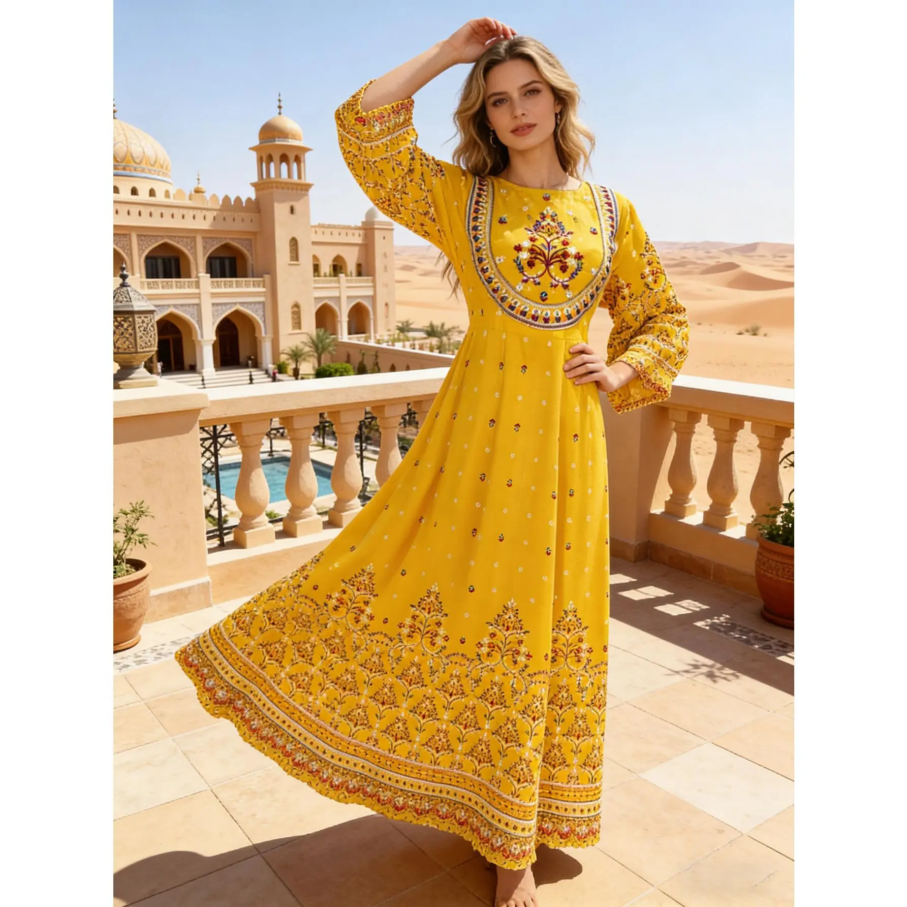 Women's Boho Maxi Dress with Flared Sleeves and Round Neck, Ankle Length Tropical Floral Print Gown for Resort Wear, Breathable, Drape, Fabric