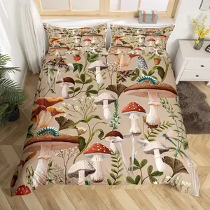 Mushroom Duvet Cover Watercolor Wild Jungle Plants Rustic Style Bedding Set for Kids Teens Adults Wild Dragonfly Moth Cute Strawberry Comforter Cover (No Comforter)