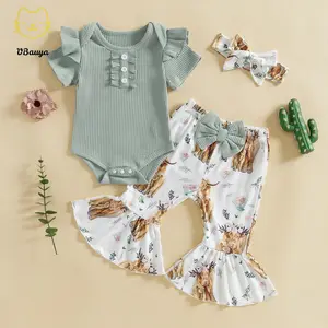 Baby Girl Bell Bottom Outfit Infant Newborn Western Summer Clothes Short Sleeve Ruffle Romper Tops Flare Pant Set