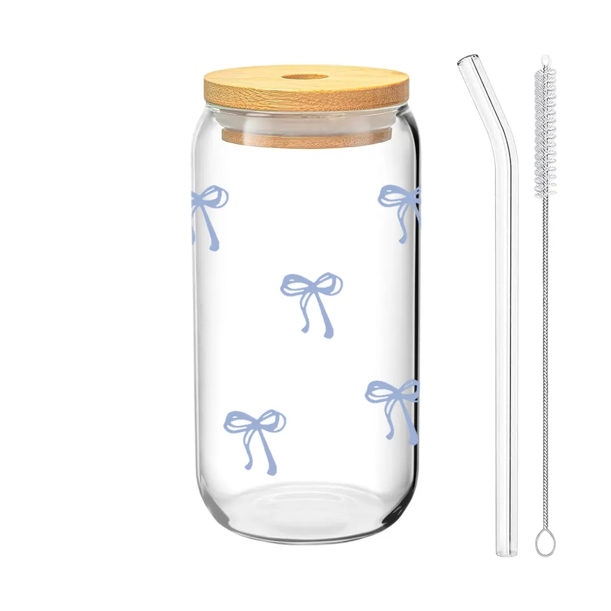 1/4 Pack Bow Pattern Glass Cup with Lid, Includes Straw and Straw Brush, 16oz/480ML Iced Coffee and Beverage Cup, Leakproof Straw Cup Drinkware