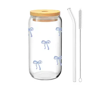 1/4 Pack Bow Pattern Glass Cup with Lid, Includes Straw and Straw Brush, 16oz/480ML Iced Coffee and Beverage Cup, Leakproof Straw Cup