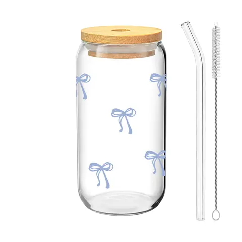 1/4 Pack Bow Pattern Glass Cup with Lid, Includes Straw and Straw Brush, 16oz/480ML Iced Coffee and Beverage Cup, Leakproof Straw Cup Drinkware