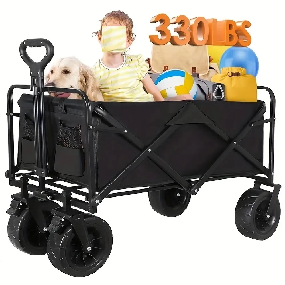 Heavy-Duty Folding Utility Cart - Sturdy Construction, 360lbs Capacity, All-Terrain Wheels, Drink Holders, Collapsible Trolley for Home Improvement, Building Supplies, Beach Use