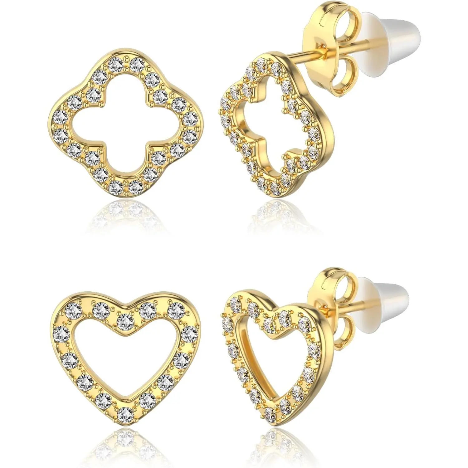 10 Pairs Earrings for Women 316L  Cubic Zirconia Stud Surgical Steel Heart Shape Clover Stud Earrings Sets /White/Blue//Black/Red...