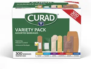 CURAD Assorted Bandages Variety Pack - 300 Count, Includes 6 Styles: Antibacterial, Waterproof, Sheer, Plastic, Heavy Duty & Flex-Fabric, Latex-Free