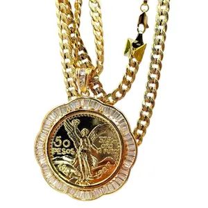 Centenario 2.5 Inches Gold Plated 14k with Cubic Zirconia, Includes 24 Inch Cuban Link Chain, 14k Stamped on Clasp jewelry men