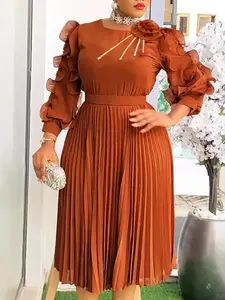 Plus-Size Women's Elegant Retro-Chic A-Line Midi Evening Dress — Featuring Ruffled Sleeves, Pleated Details, a Round Neckline, and 3D Floral Embellishments — Ideal for Formal Wear Dinners and Parties Womenswear