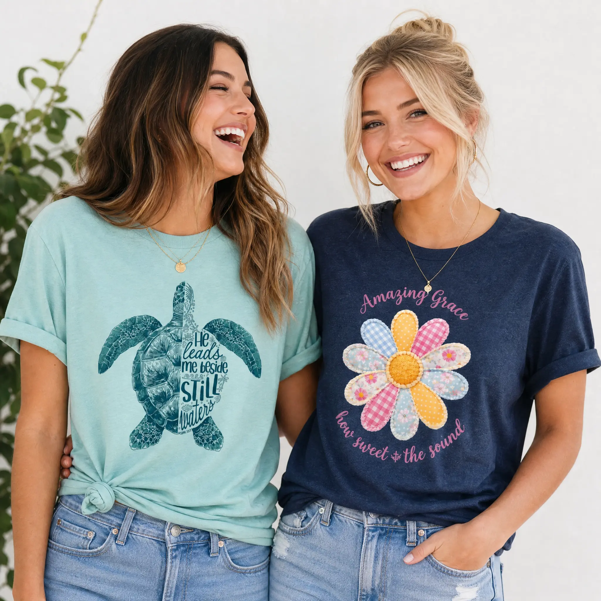 Love in Faith Tee Bundle for Women, 2-Pack Christian Vintage Style Soft Cotton Tops with Unisex Fit - Still Waters & Amazing Grace