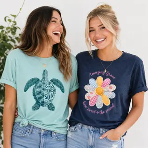 Love in Faith Tee Bundle for Women, 2-Pack Christian Vintage Style Soft Cotton Tops with Unisex Fit - Still Waters & Amazing Grace