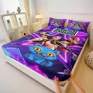 Kpop Virtual Idol and Pet Stage Bed Cover Set, Neon Idol Non-Slip Mattress Cover with 2 Pillowcases, Fan Bedroom Decoration