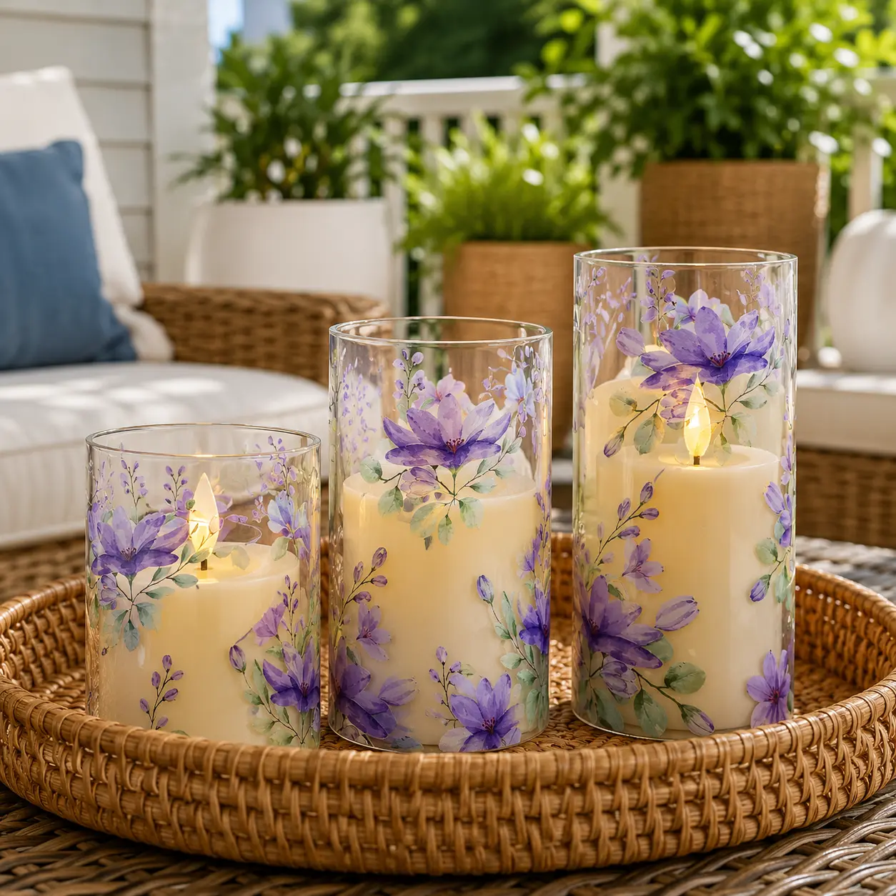 Decorative Glass Candle Holders with Purple Floral Patterns for Indoor and Outdoor Use Enhance Any Space with Elegance