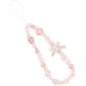 Phone Charms Strap,Pink Cute, Aesthetic Love Phone Chain , Pearl Beaded Phone Lanyard (strawberry)