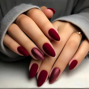 24pcs New Press-On False Nails, Euro-Style Wine Matte Almond Shape, Luxurious Glitter Color Block, Vintage High-End Nail Art