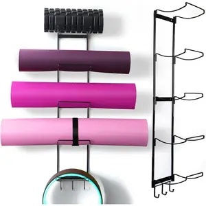 5-Tiers Yoga Mat Holder Wall Mount, Metal Storage Rack for Yoga Mat/Wheels, Foam Roller and Block Etcs, Wall Rack Organizer with 3-Hooks for Hanging Stretching Strap & Resistance Bands, Yoga Room/Home Gym Decor MRZZATA
