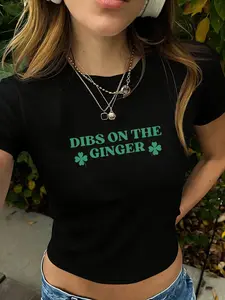 Women's Slim Fit Crop Short Tee, "DIBS ON THE GINGER" St. Patrick's Day Meme Graphic Print, Y2K Sweet & Edgy Styl