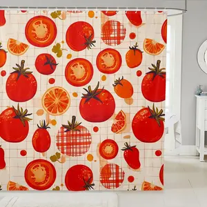 Cartoon Vegetable Waterproof Bathroom Curtain for Toddler Tomato Shower Curtain, Red White Plaid Printed Bath Curtain