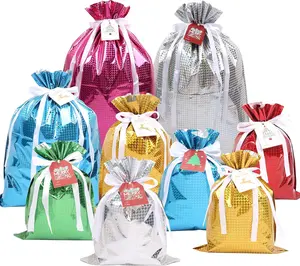 christmas bag MAMUNU 15PCS Christmas Drawstring Gift Bags, Assorted Sizes Solid Color Goodie Bags Presents Wrapping Bag with Drawstring Ribbons and Tags, Gift Wrapping Bag for Christmas Holiday Birthday Party