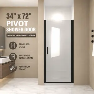 34" x 72" Pivot Shower Door, Aluminum Frame, 1/4" Tempered Glass with Safety Film, Half-Framed Swing Shower Door