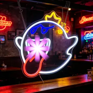 Classic “Ghost King” neon wall decor for game rooms, aesthetic video game villain LED light featuring blue eyes and red tongue, cool dimmable neon light for bedrooms and studios, personalized birthday gift for gamers, children, and teenagers, USB-powered