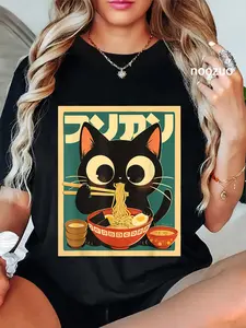 100% Cotton Cat Ramen Japanese Funny Japanese Kawaii Anime T-Shirt