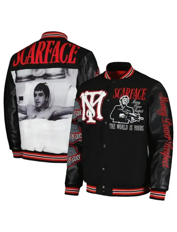 Men's Faux Leather Scarface The World Is Yours Varsity Letterman - Tony Montana Black-Red 80s Crime Movie Bomber