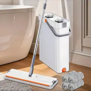 Mop And Bucket Set With Wringer For Home, 360° Flat Squeeze Mop With Long Handle And 6 Microfiber Cloths For Floor Cleaning (White, Slim Bucket And 15.7'' Aluminum Alloy Mop Head)