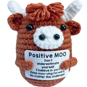 Positive Hooked Knitted Highland Cow, Handmade Crochet Figure, Emotional Support Miniature Animal Gift, Perfect for Women Men Friends Colleagues