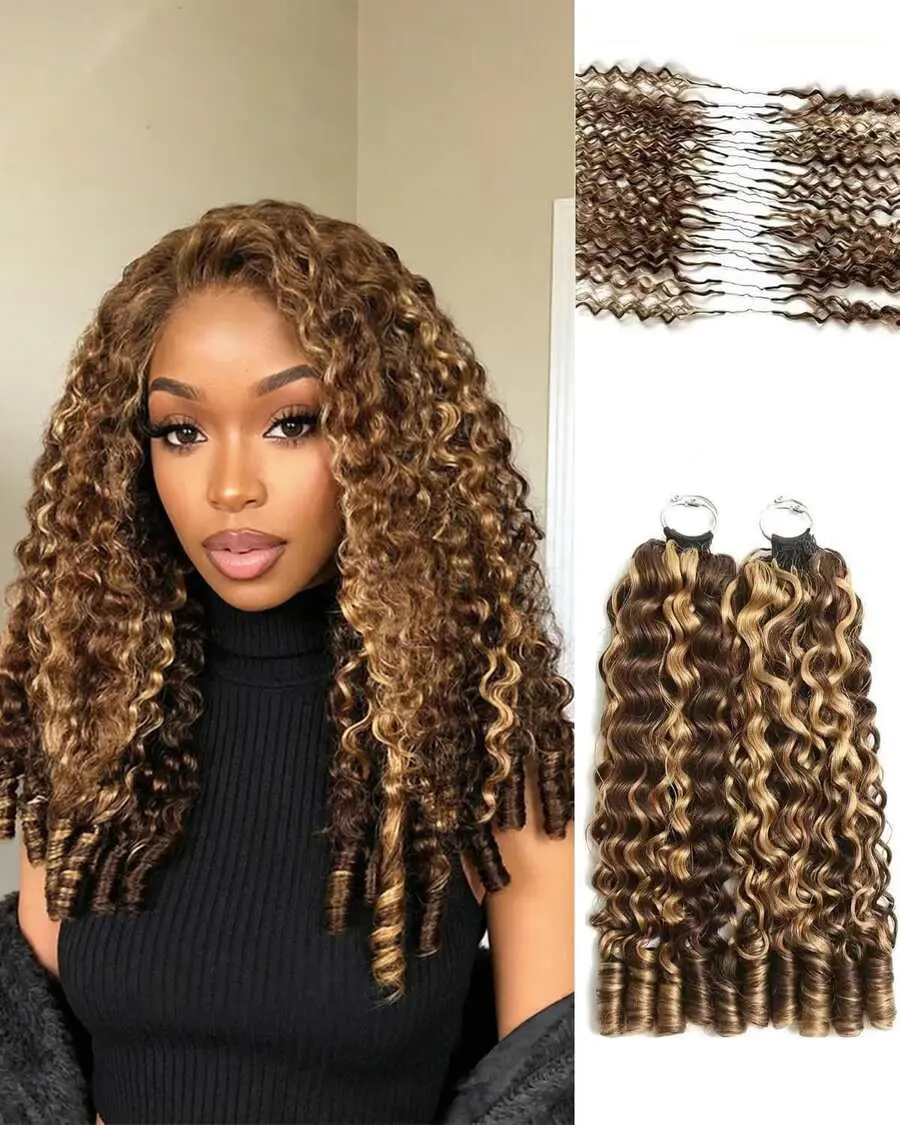 [New In] Bling Hair Color 4/27 Highlight Burmese Curly Feather Human Crochet Hair For Black Women 50g Pre-Separated Looped Invisble Curly Bundles Human Hair Reusable Wet And Wavy Remy Hair Extensions